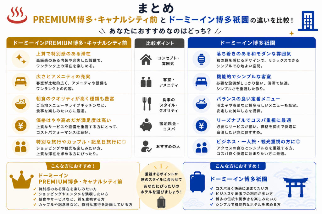 ドーミーイン博多祇園とプレミアム博多・キャナルシティ前の違いを比較 